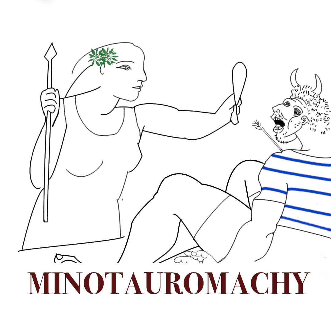 drawing of woman with her hand up in front of a minotaur